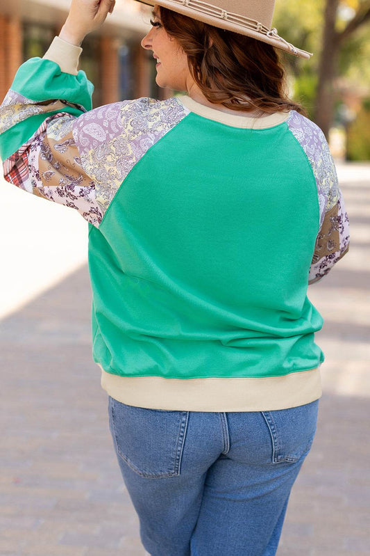 Sky Blue Plus Size Plaid Floral Patchwork Raglan Sleeve Sweatshirt - IntuitiveEncBoutique