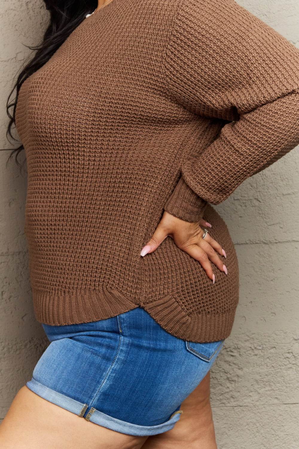 Zenana Breezy Days Plus Size High Low Waffle Knit Sweater - IntuitiveEncBoutique