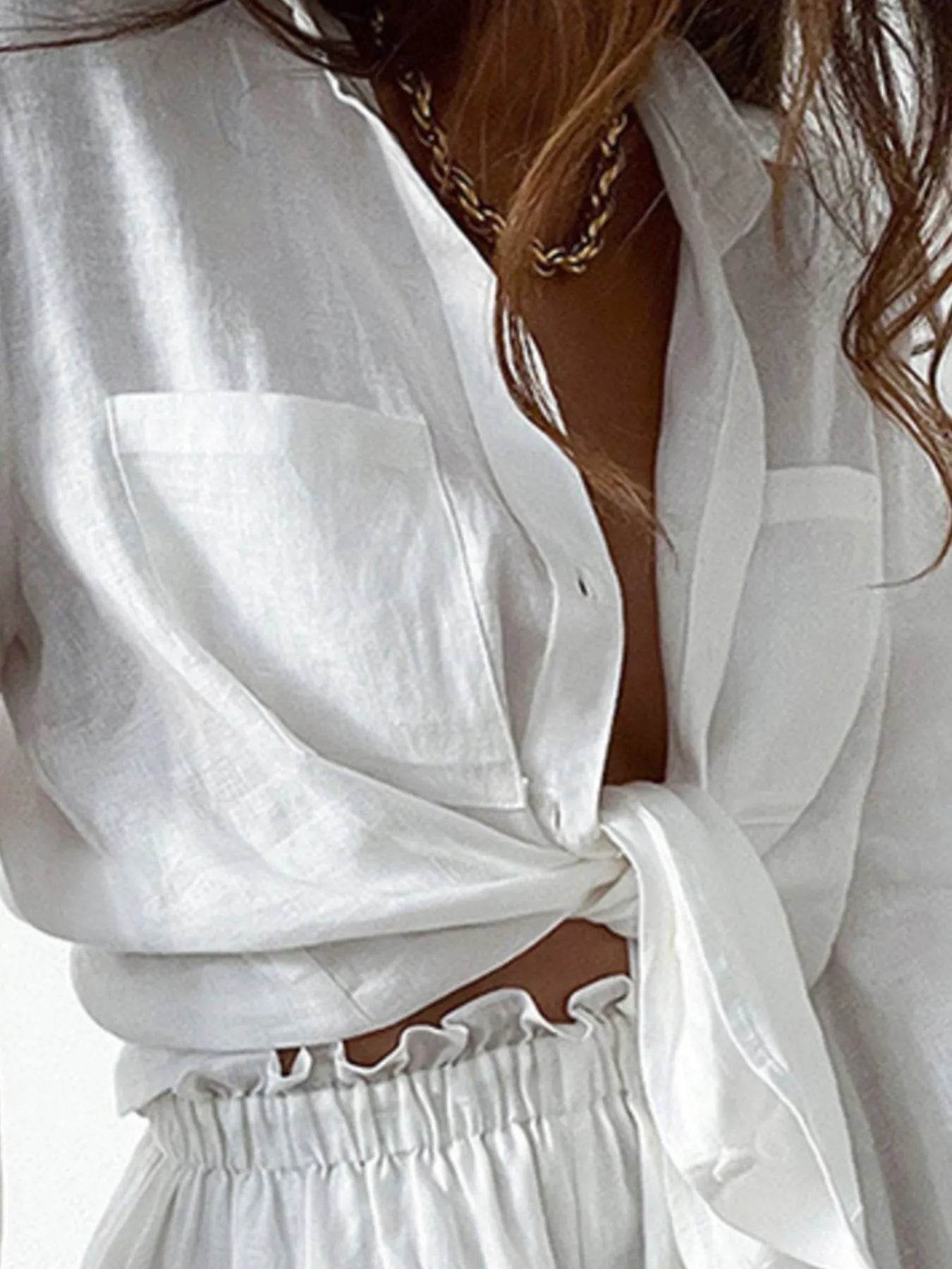 Full Size Button Up Balloon Sleeve Top and Shorts Set Plus Size - IntuitiveEncBoutique