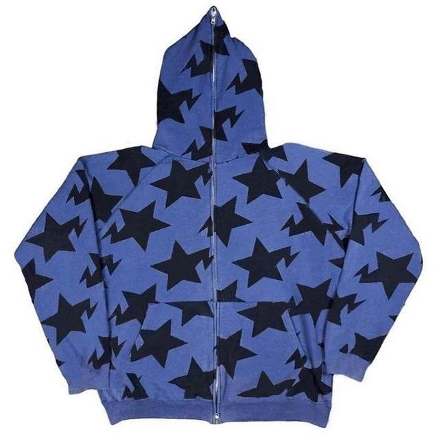 Star Pattern Hooded Cardigan Loose Unisex Sweatshirt - IntuitiveEncBoutique
