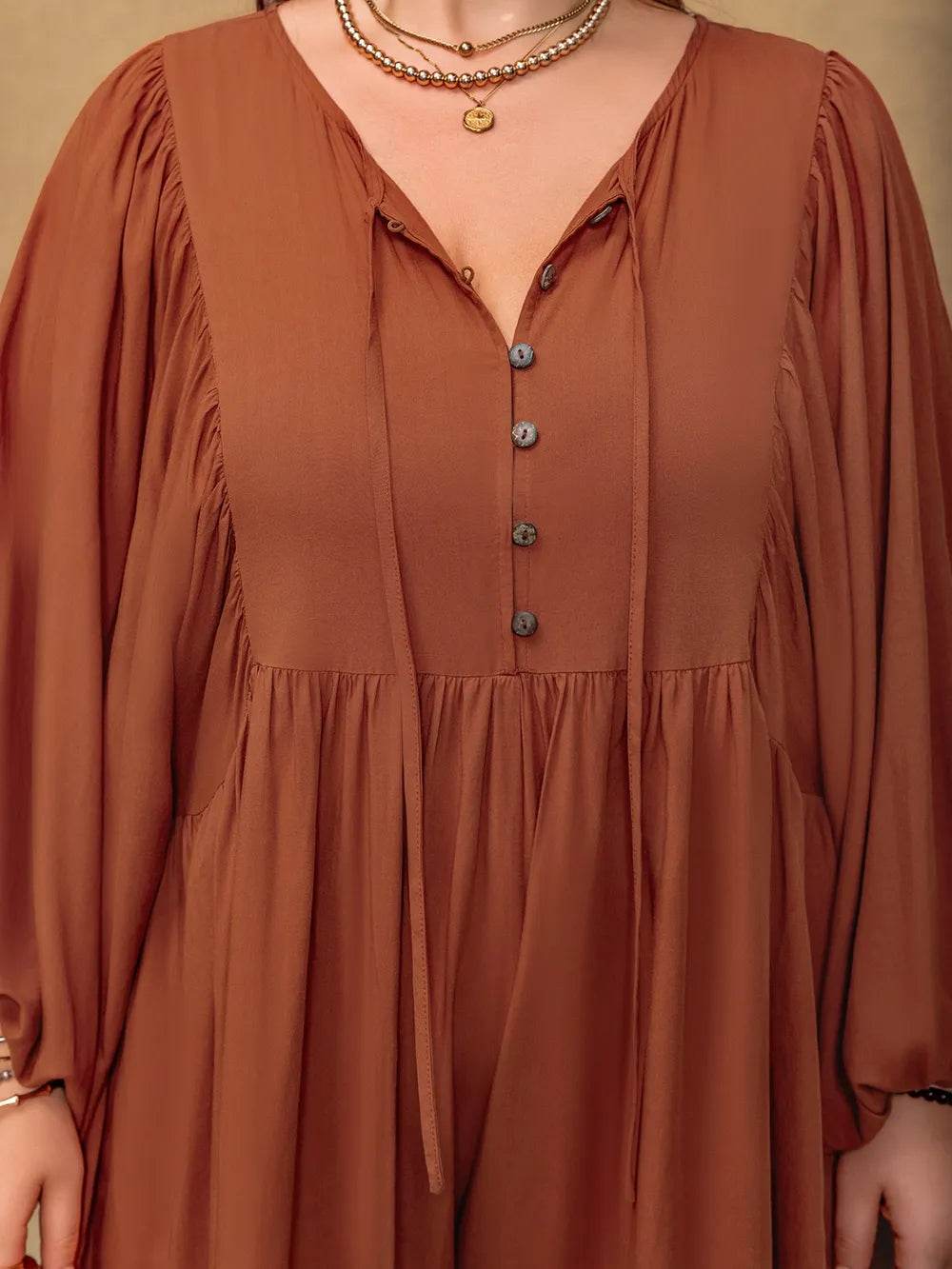 Plus Size Ruched Tie Neck Balloon Sleeve Romper - IntuitiveEncBoutique
