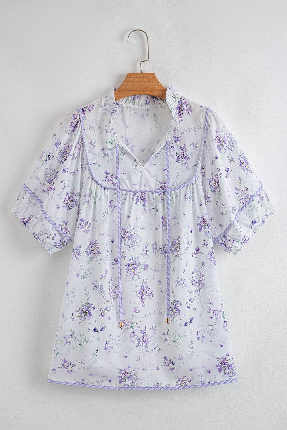 Purple Floral Trimmed Detail Split Neck Plus Size Top - IntuitiveEncBoutique