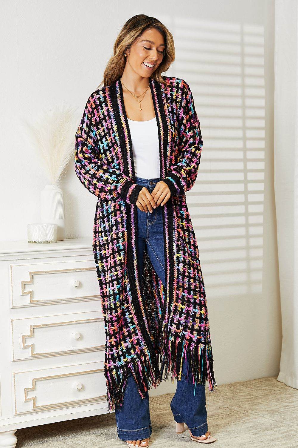 Angel Wings Full Size Multicolored Open Front Fringe Hem Cardigan - IntuitiveEncBoutique