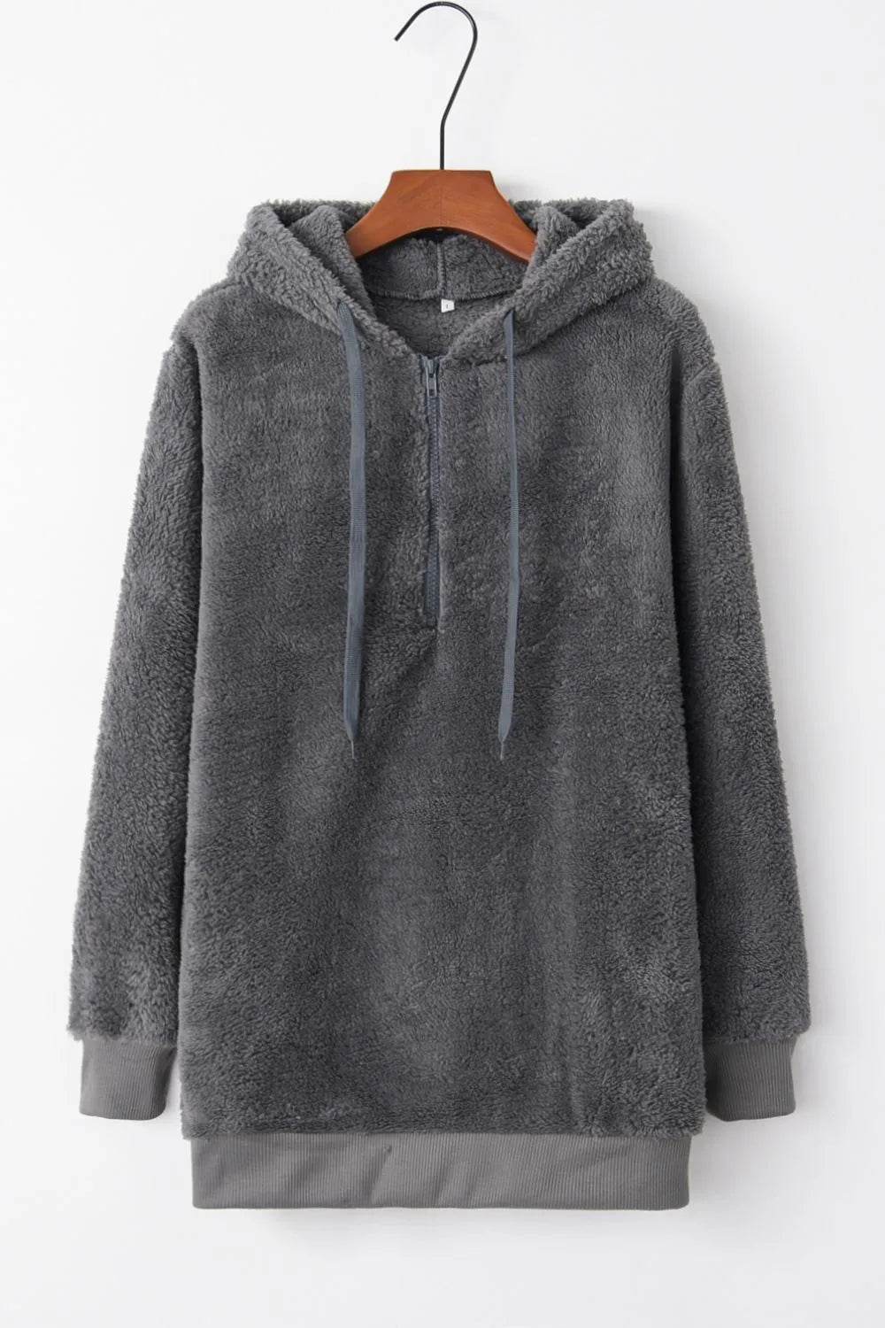 Full Size Quarter-Zip Drawstring Teddy Hoodie - IntuitiveEncBoutique