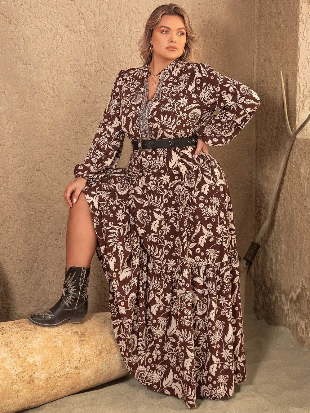 Plus Size Notched Balloon Sleeve Printed Maxi Dress - IntuitiveEncBoutique