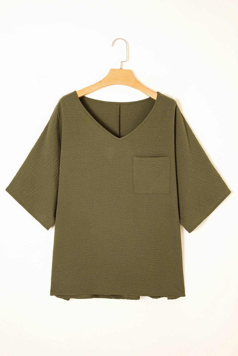 Four Leaf Clover Textured Half Sleeve V Neck Plus Size T Shirt with Chest Pocket - IntuitiveEncBoutique