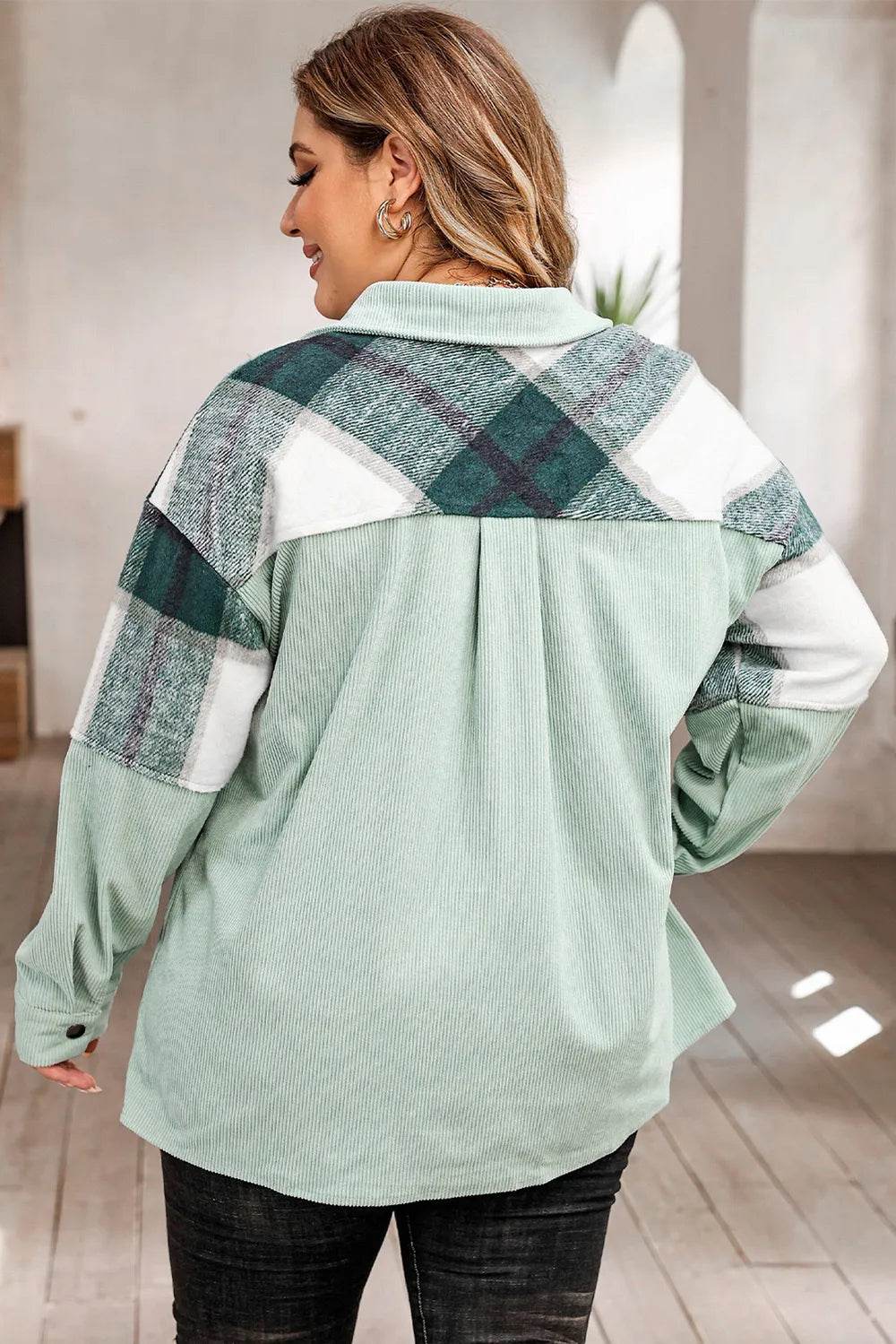 Plus Size Plaid Snap Down Jacket with Pockets - IntuitiveEncBoutique