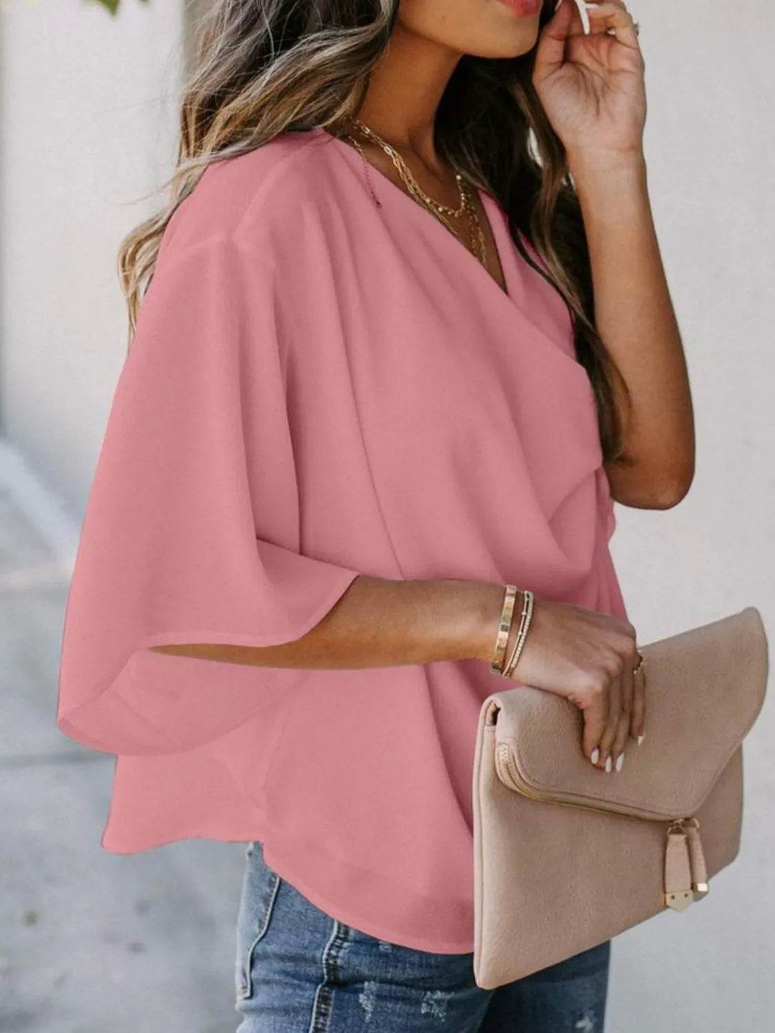 Full Size Ruched Three-Quarter Sleeve Blouse Plus Size - IntuitiveEncBoutique
