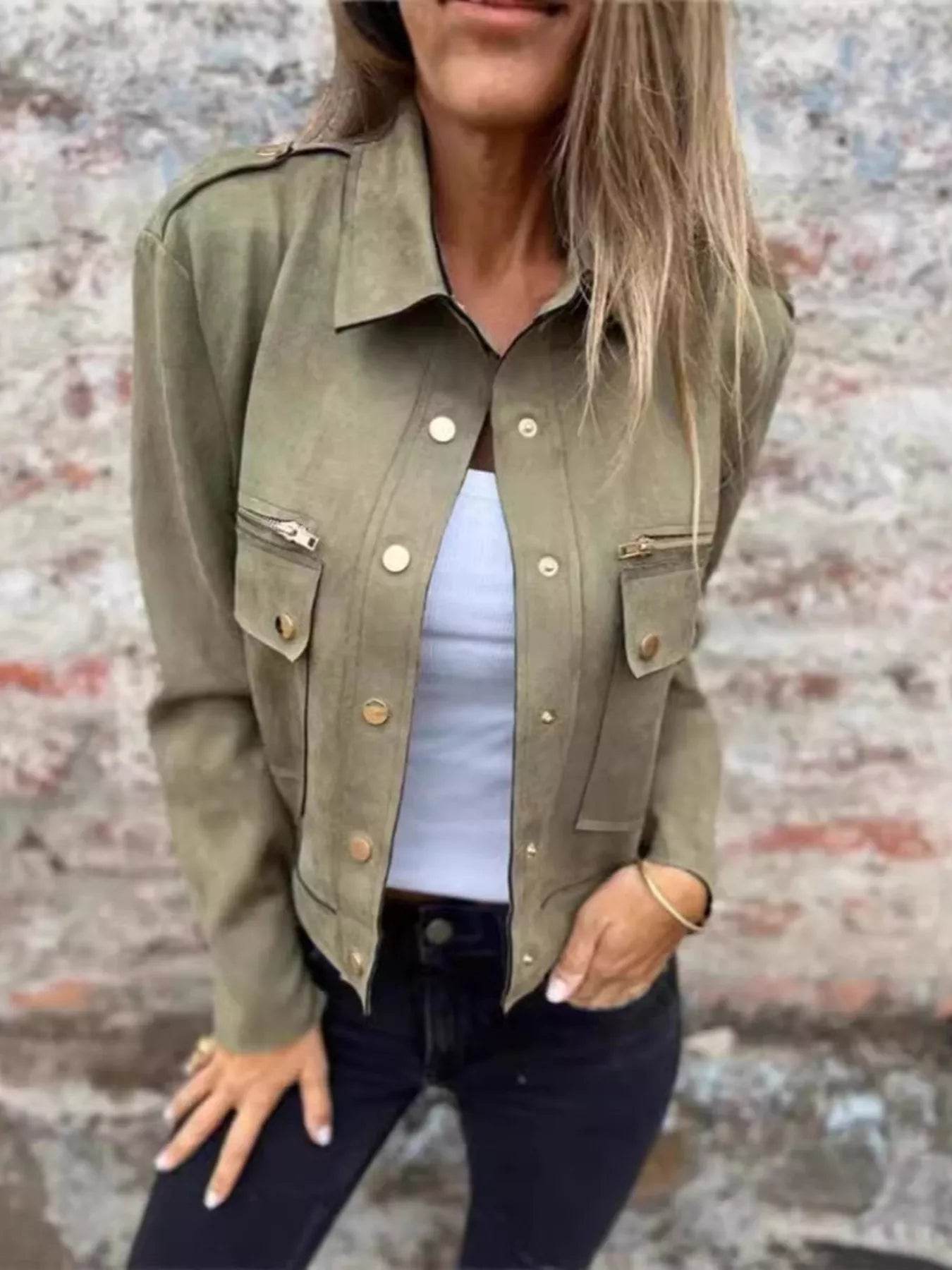 Full Size Snap Down Long Sleeve Jacket Plus Size - IntuitiveEncBoutique