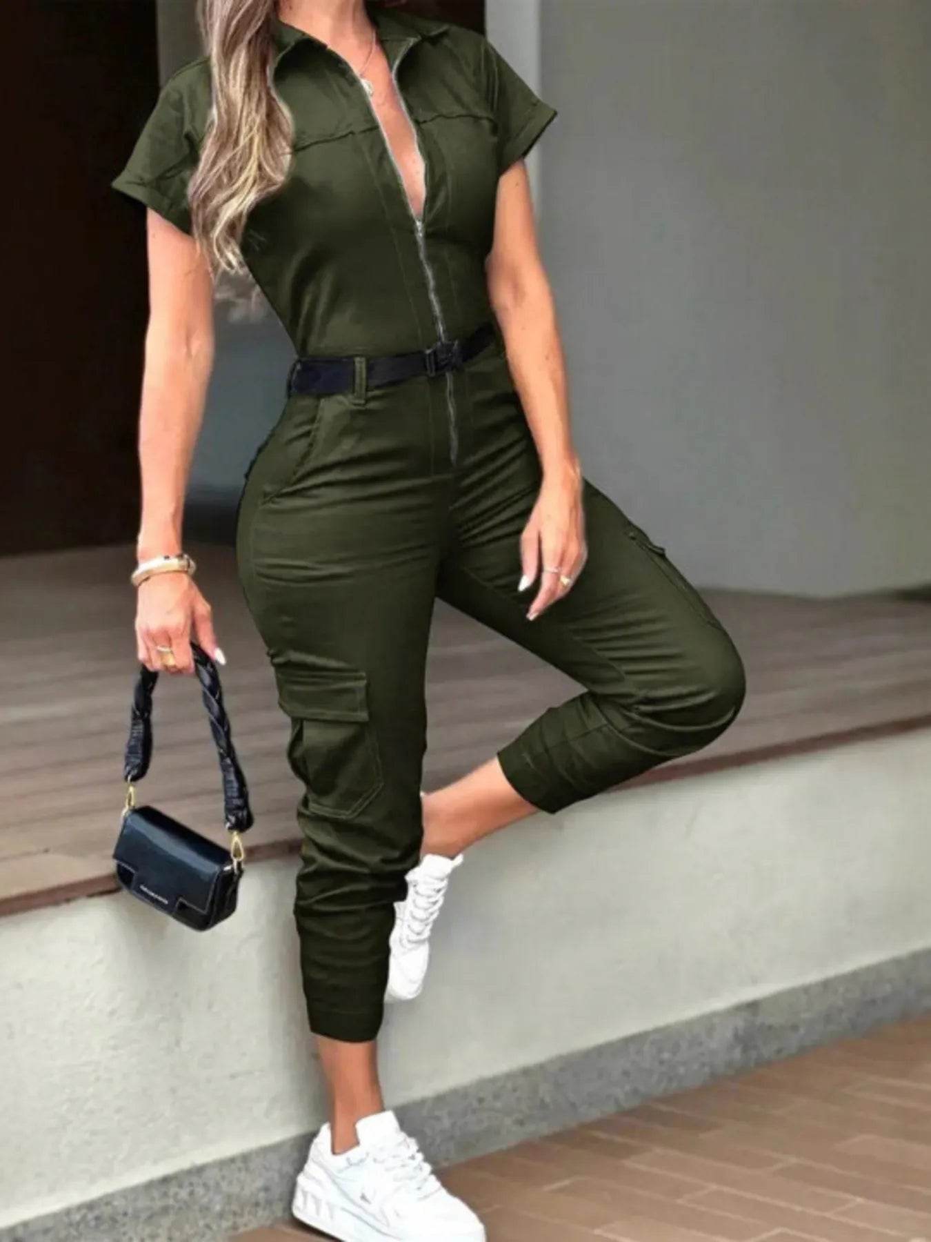 Zip Front Short Sleeve Jumpsuit - IntuitiveEncBoutique