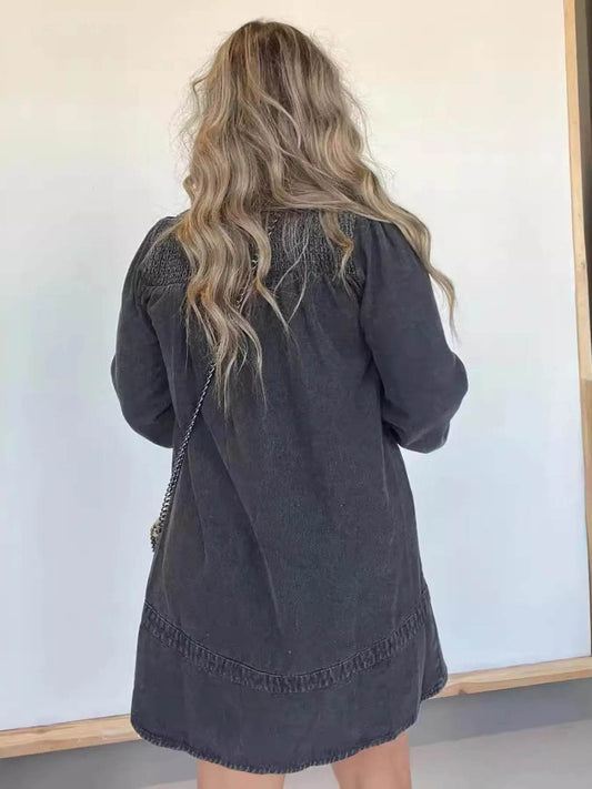 Full Size Button Front Long Sleeve Denim Dress Plus Size - IntuitiveEncBoutique