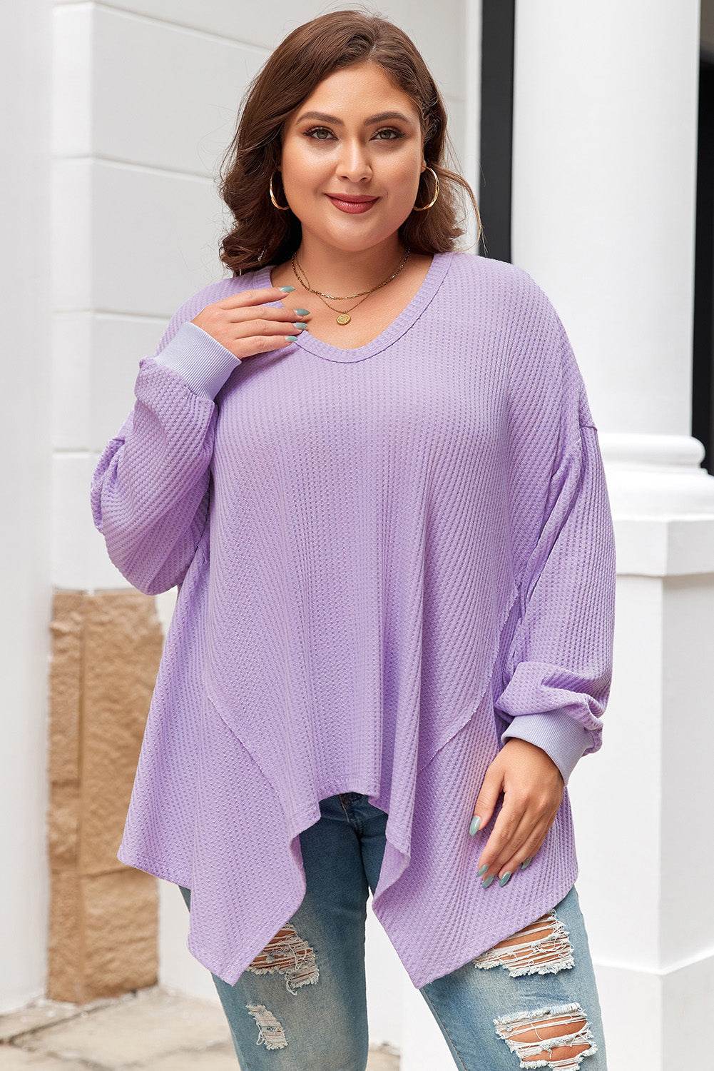 Orchid Petal Plus Size Waffle Knit Exposed Seam Flowy Top - IntuitiveEncBoutique