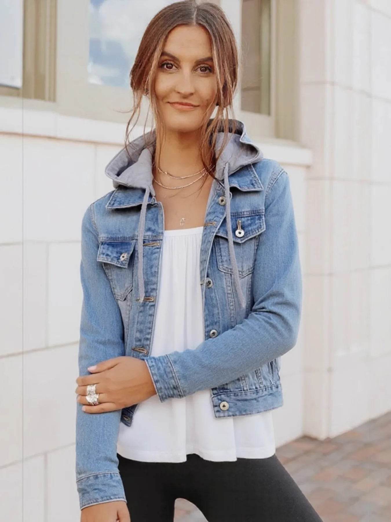 Full Size Button Up Drawstring Hooded Denim Jacket Plus Size - IntuitiveEncBoutique