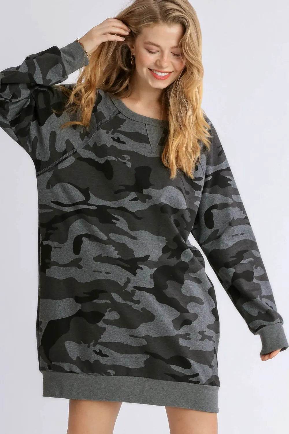 Full Size Camo Print Ribbed Hem French Terry Mini Dress Plus Size - IntuitiveEncBoutique