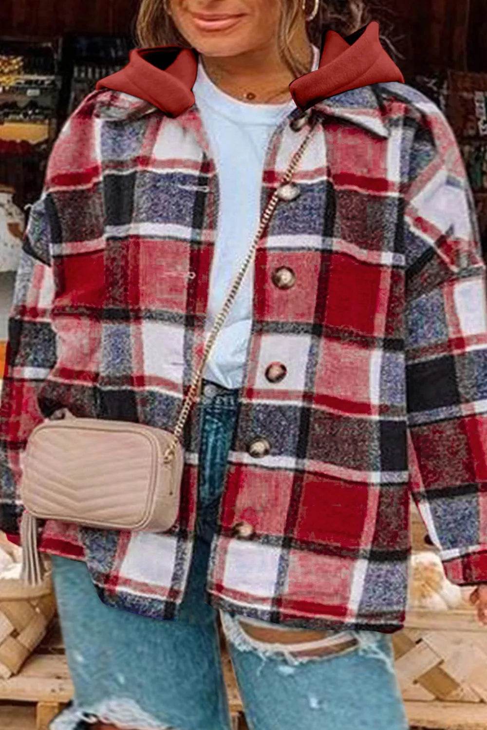 Plus Size Plaid Button Up Hooded Jacket - IntuitiveEncBoutique