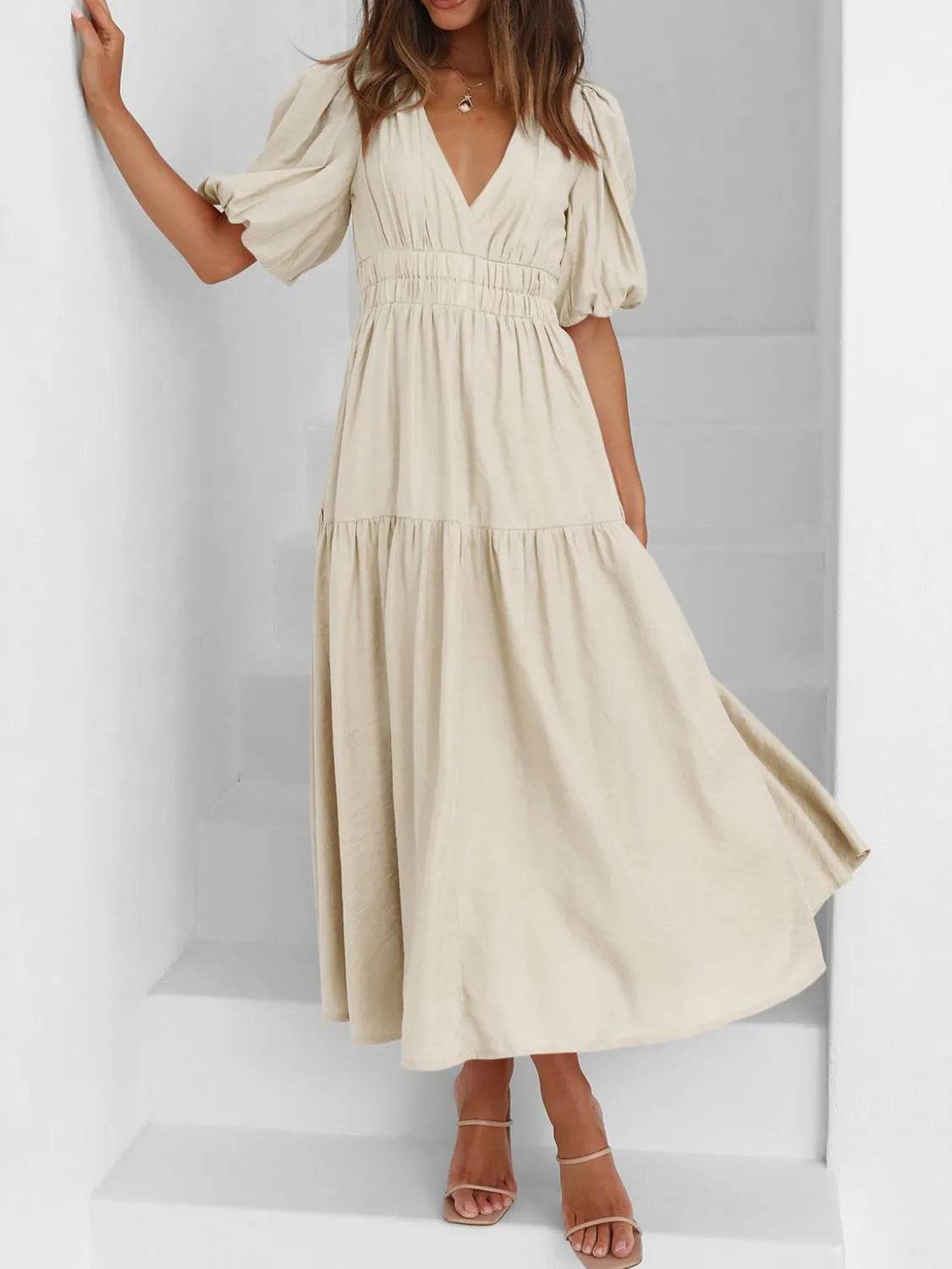 V-Neck Puff Sleeve Midi Dress - IntuitiveEncBoutique