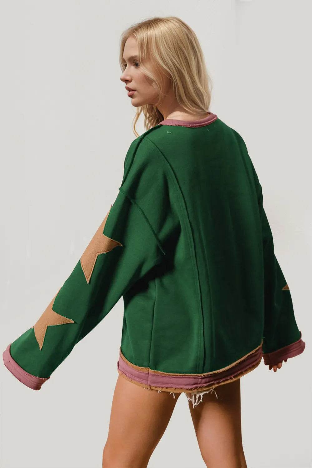 Double Take Star Patched Long Sleeve Sweatshirt - IntuitiveEncBoutique