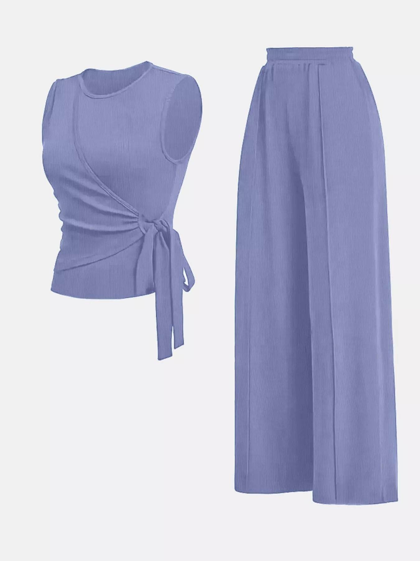 Side Tie Round Neck Tank and Pants Set - IntuitiveEncBoutique