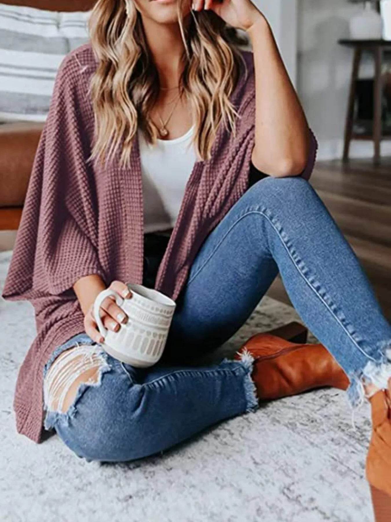 Full Size Open Front Waffle Knit Cardigan Plus Size - IntuitiveEncBoutique