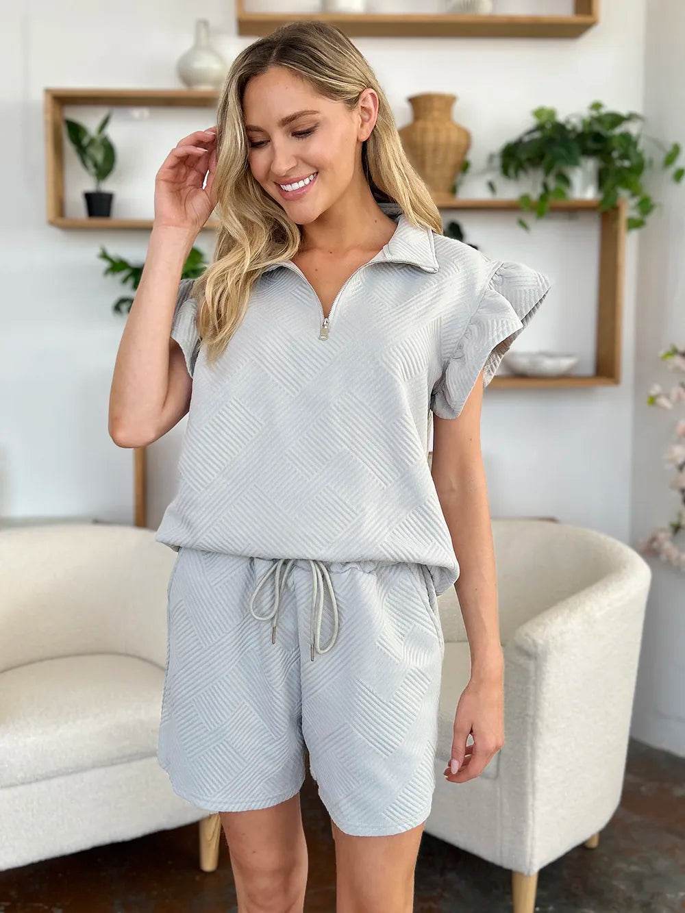 Double Take Full Size Texture Flounce Sleeve Top and Drawstring Shorts Set - IntuitiveEncBoutique