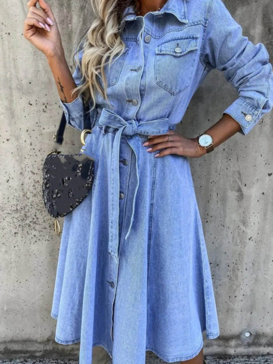 Full Size Tie Waist Button Front Denim Shirt Dress Plus Size - IntuitiveEncBoutique