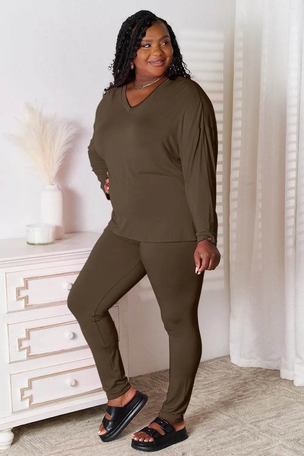 Basic Bae Bamboo Full Size V-Neck Long Sleeve Top and Pants Lounge Set - IntuitiveEncBoutique