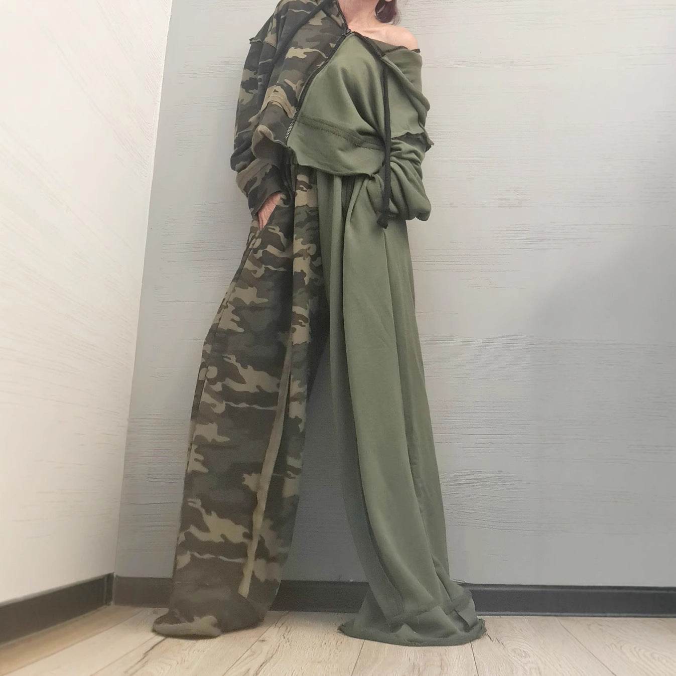 Loose long sleeved sweatshirt zipper jacket camouflage splicing casual pants set - IntuitiveEncBoutique