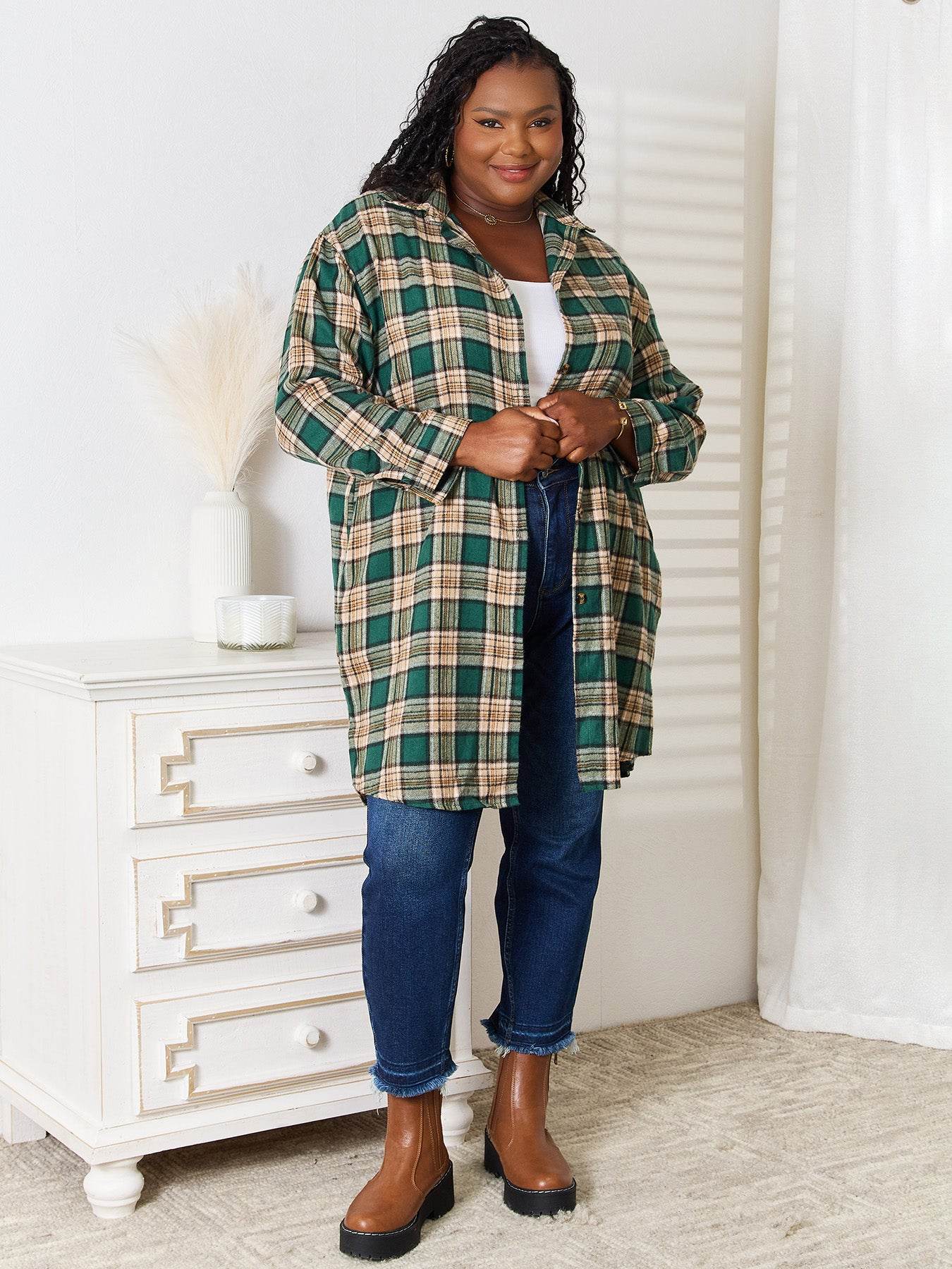Mandy Plaid Collared Neck Long Sleeve Shirt - IntuitiveEncBoutique