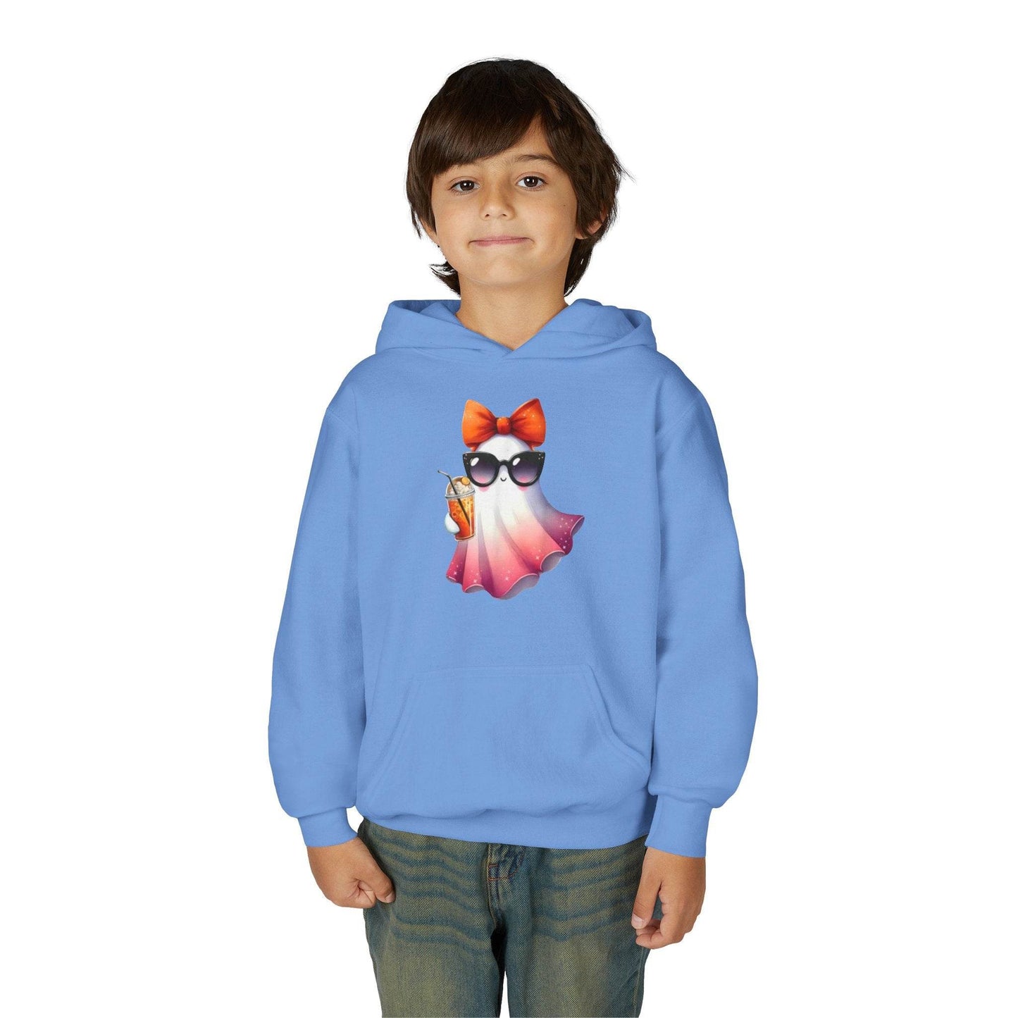 Youth Ghostly Glam Hoodie, Cute Ghost Design Sweatshirt, Halloween Apparel, Halloween Costume, Kids Hooded Sweatshirt - IntuitiveEncBoutique