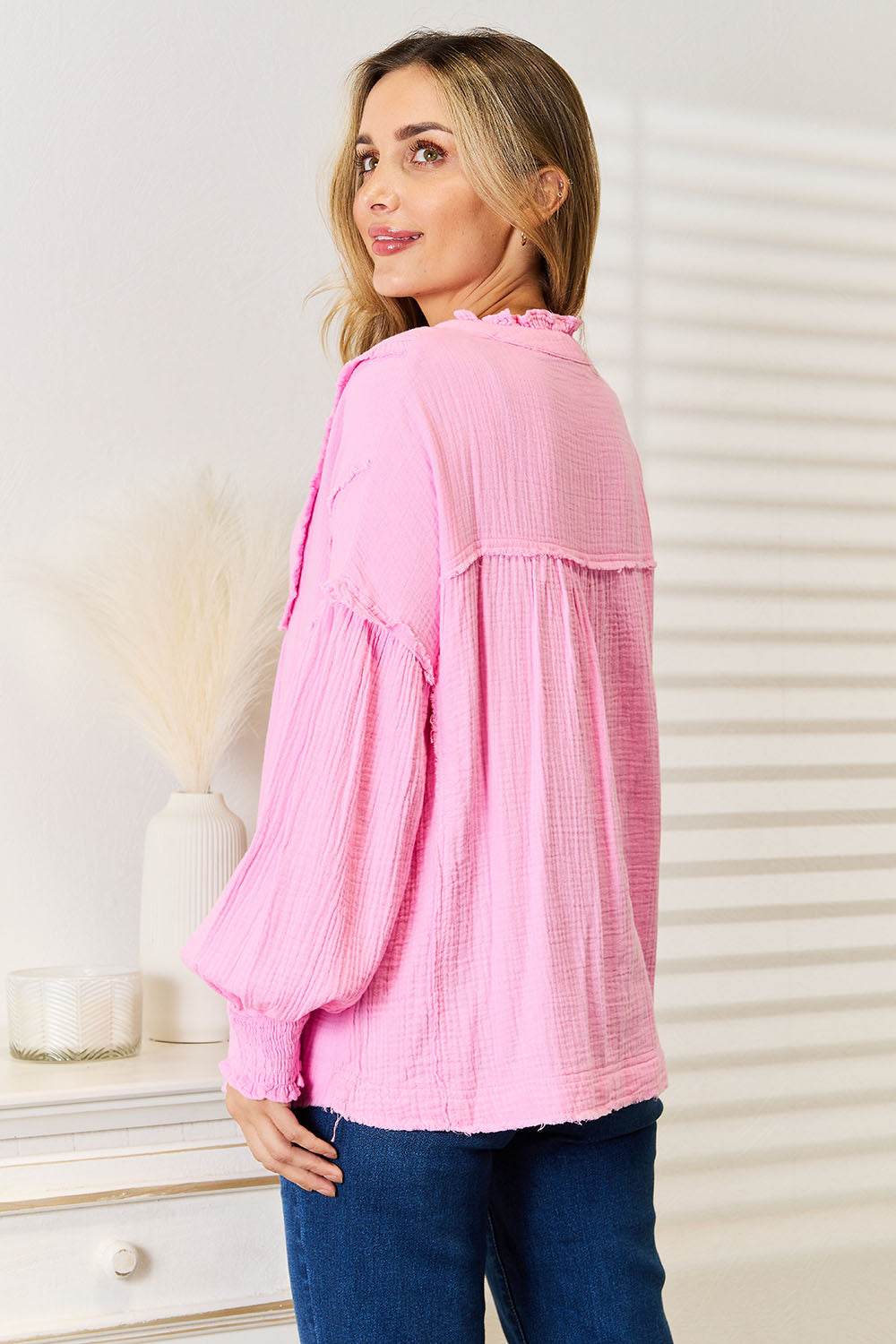 Double Take Exposed Seam Buttoned Notched Neck Blouse - IntuitiveEncBoutique