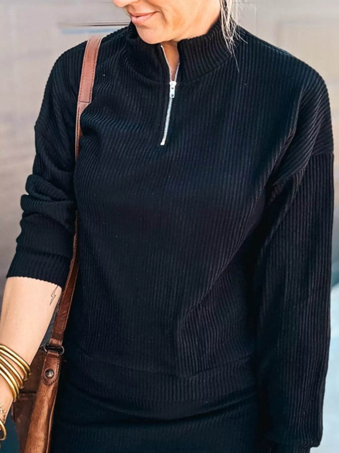 Ribbed Knit Quarter-Zip Top and Skirt Set - IntuitiveEncBoutique