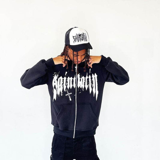 Hooded Sweatshirt with Foamed Print Trendy Letter Zipper Hoodie Long Sleeve Sweatshirt - IntuitiveEncBoutique