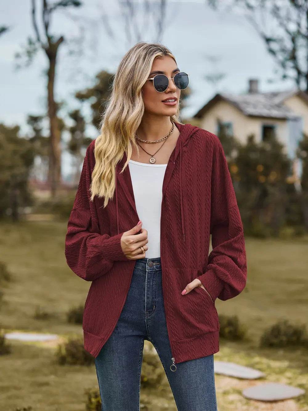 Zip Up Drawstring Long Sleeve Hooded Jacket - IntuitiveEncBoutique
