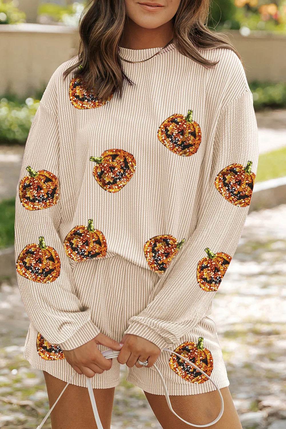 Sequin Pumpkin Round Neck Top and Shorts Set - IntuitiveEncBoutique