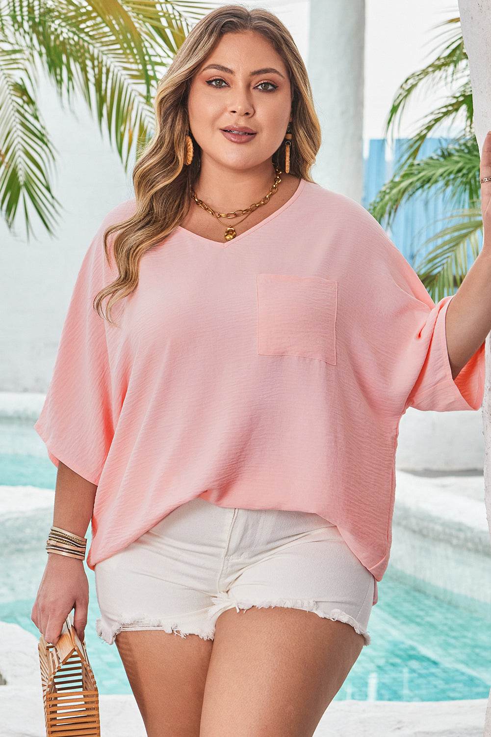 Pink Textured Half Sleeve V Neck Plus Size T Shirt with Chest Pocket - IntuitiveEncBoutique