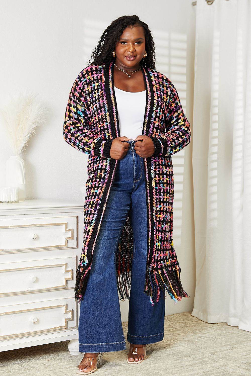 Angel Wings Full Size Multicolored Open Front Fringe Hem Cardigan - IntuitiveEncBoutique