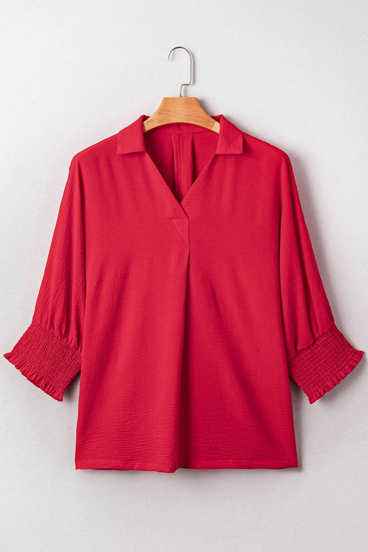 Fiery Red Plus Size Smocked Cuff Dolman Oversized Tunic Blouse - IntuitiveEncBoutique