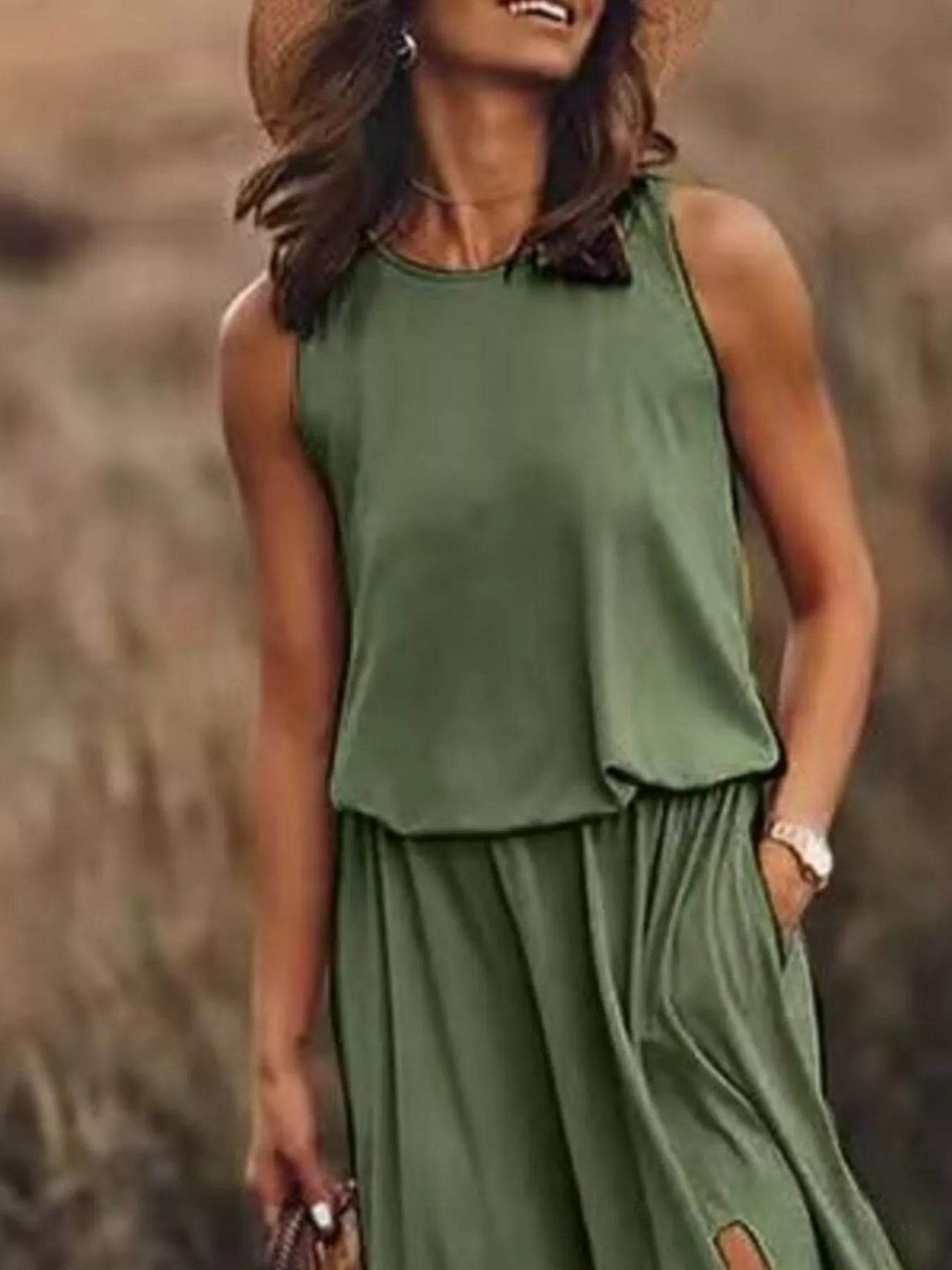 Full Size Round Neck Sleeveless Slit Maxi Dress Plus Size - IntuitiveEncBoutique