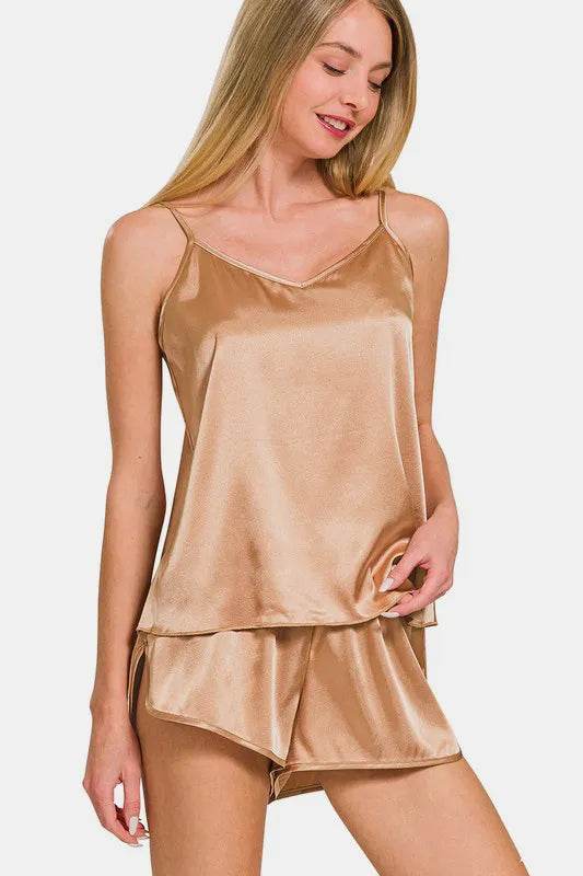 Zenana V-Neck Satin Cami and Elastic Waist Shorts Lounge Set - IntuitiveEncBoutique