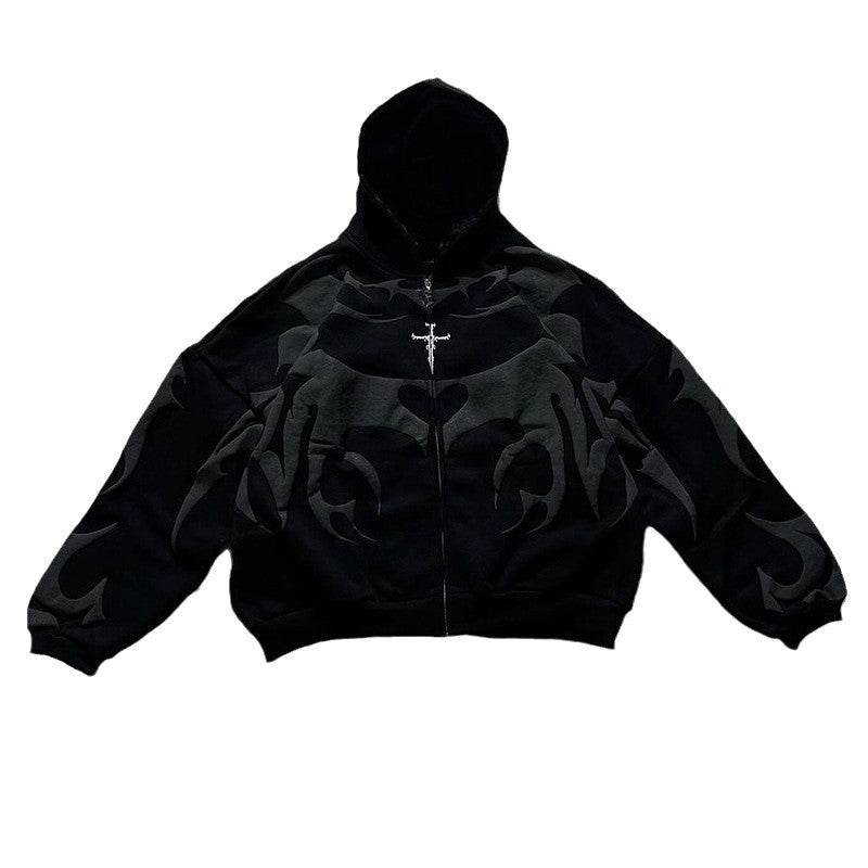Irregular Letter Foaming Loose Street Trend Zipper Hooded Sweatshirt - IntuitiveEncBoutique