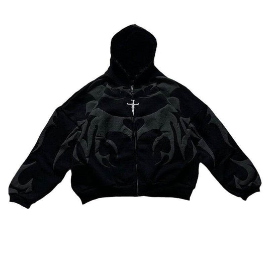 Irregular Letter Foaming Loose Street Trend Zipper Hooded Sweatshirt - IntuitiveEncBoutique