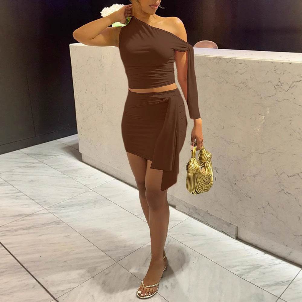 Women's Oblique Collar Tied Top with Fitted Pleated Skirt Set - IntuitiveEncBoutique