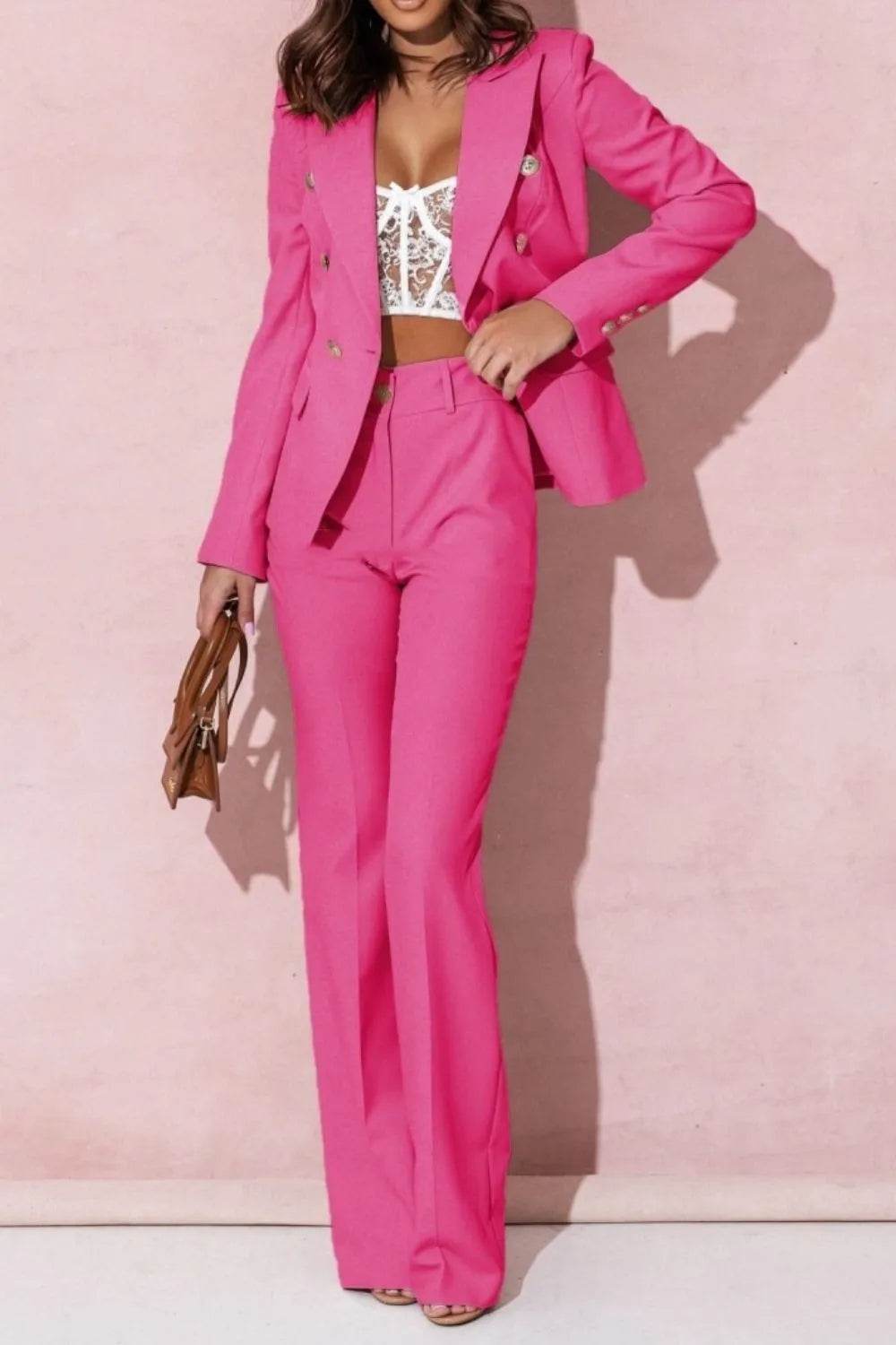 Full Size Lapel Collar Long Sleeve Blazer and Pants Set Plus Size - IntuitiveEncBoutique