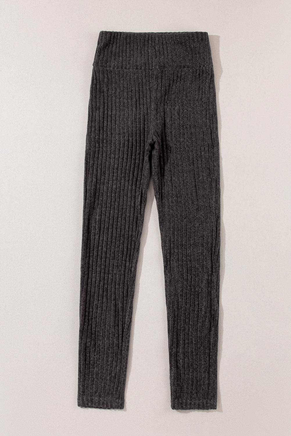 Dark Grey Wide Waistband Ribbed Textured Knit Leggings - IntuitiveEncBoutique