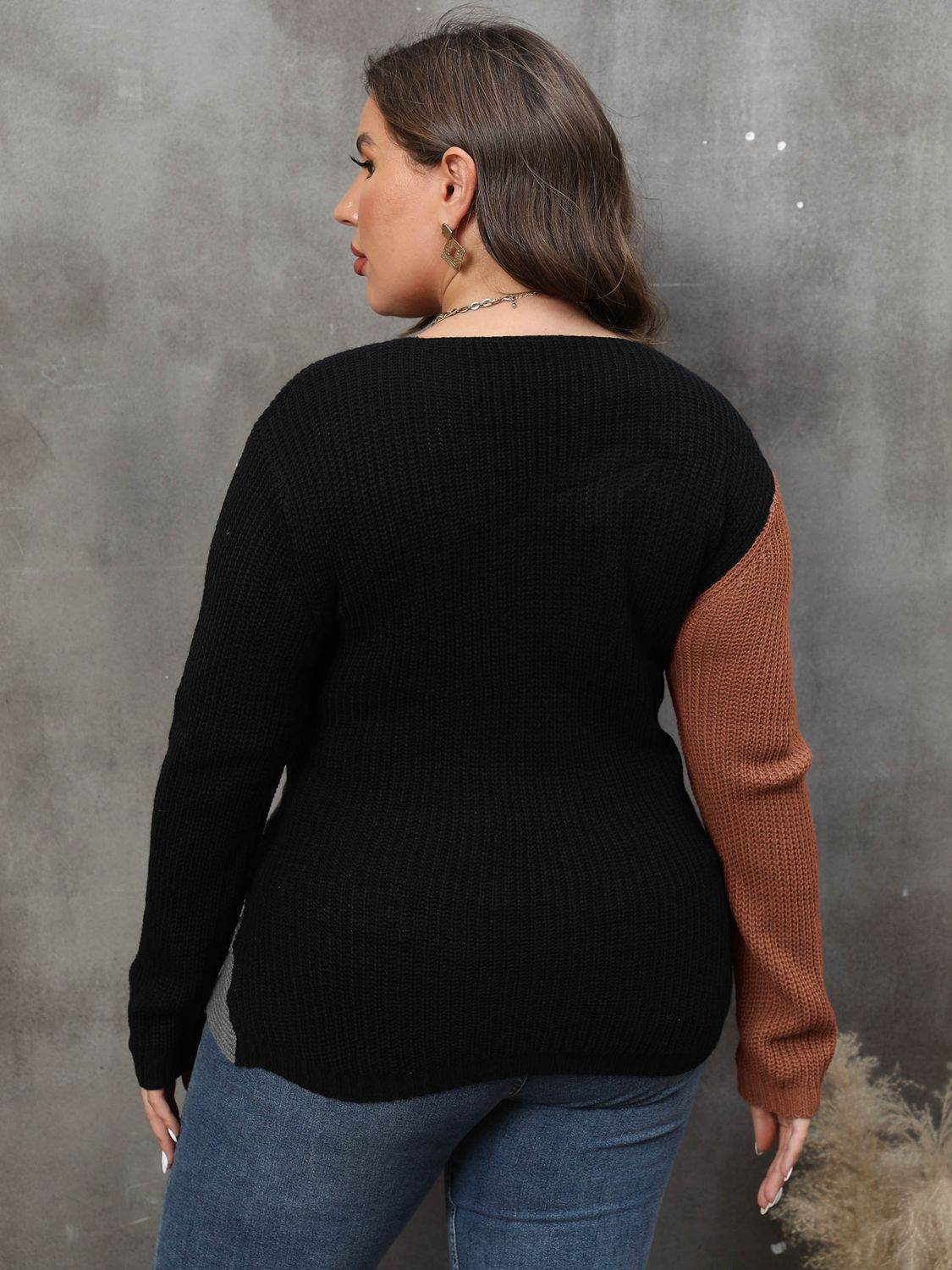 Plus Size Two-Tone Surplice Neck Sweater - IntuitiveEncBoutique