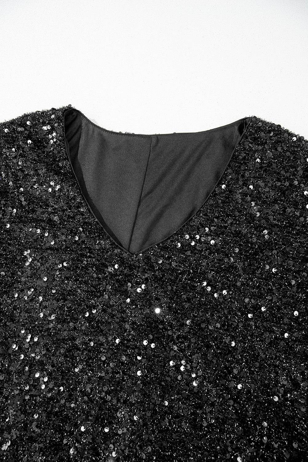 Color black Plus Size Bubble Sleeve V Neck Sequin Dress - IntuitiveEncBoutique