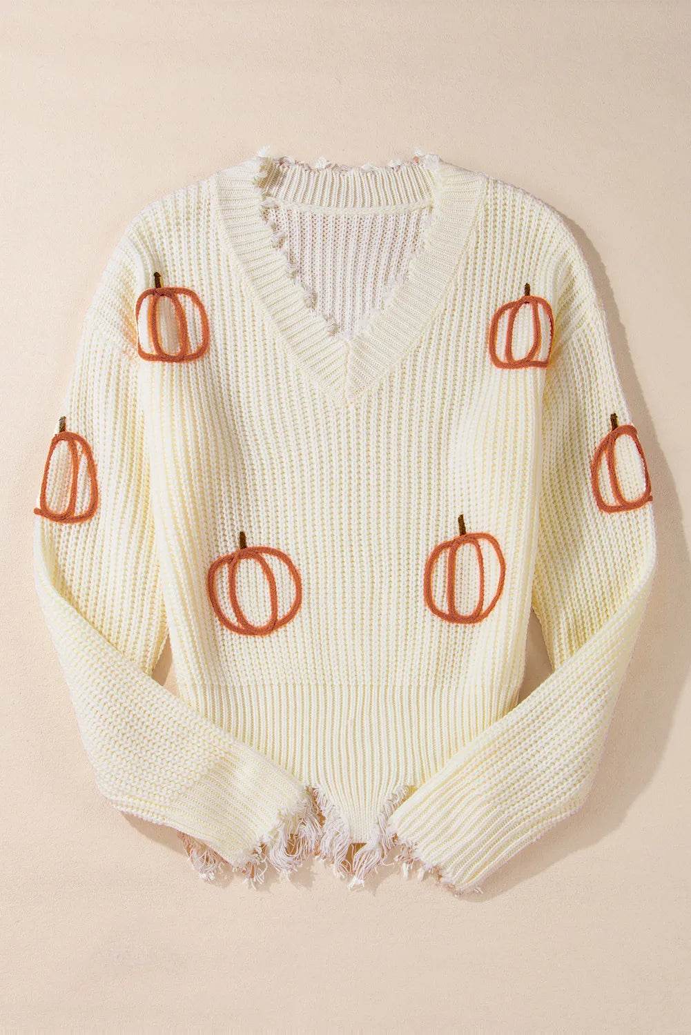 Raw Hem Pumpkin V-Neck Long Sleeve Sweater - IntuitiveEncBoutique