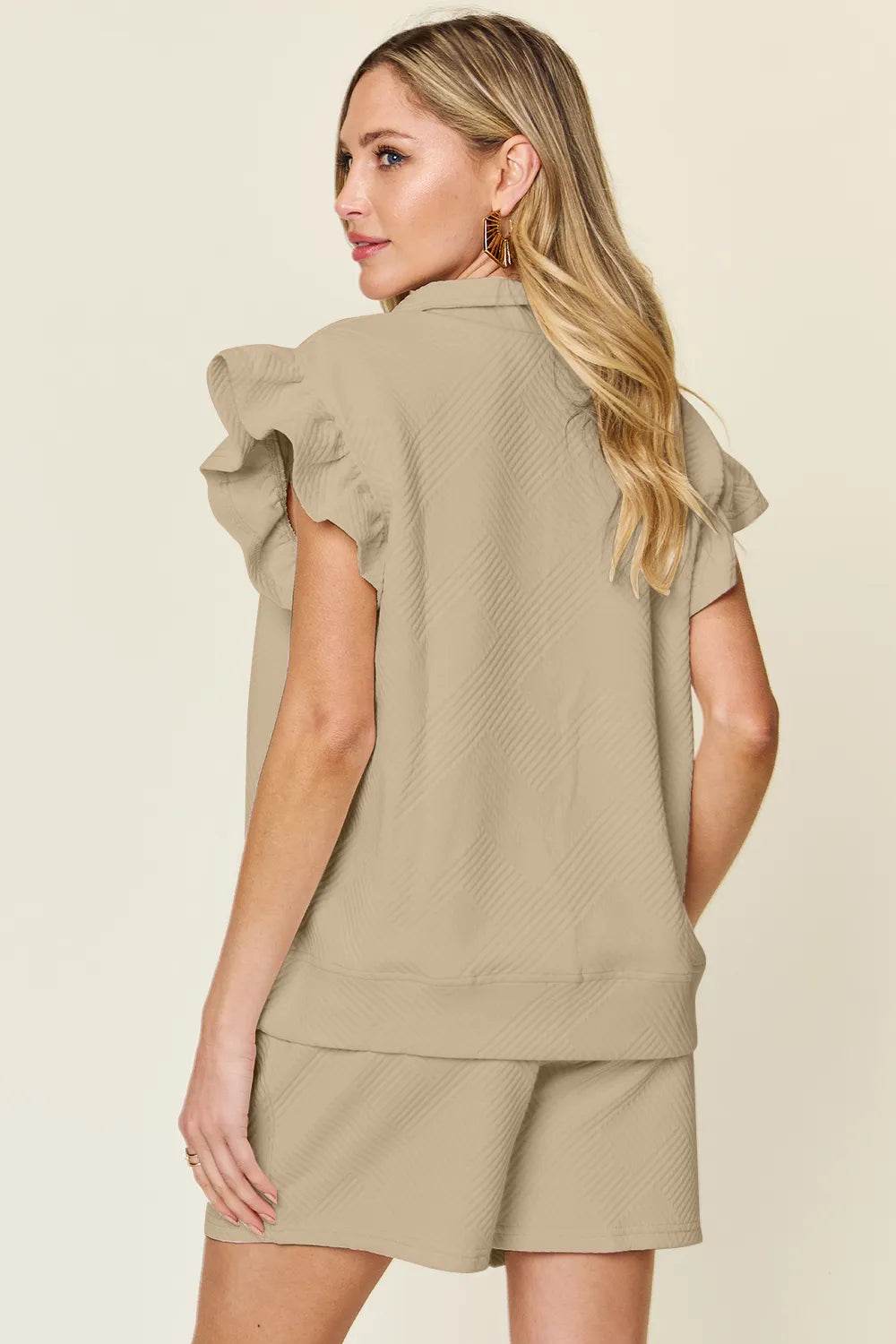 Double Take Full Size Texture Flounce Sleeve Top and Drawstring Shorts Set - IntuitiveEncBoutique