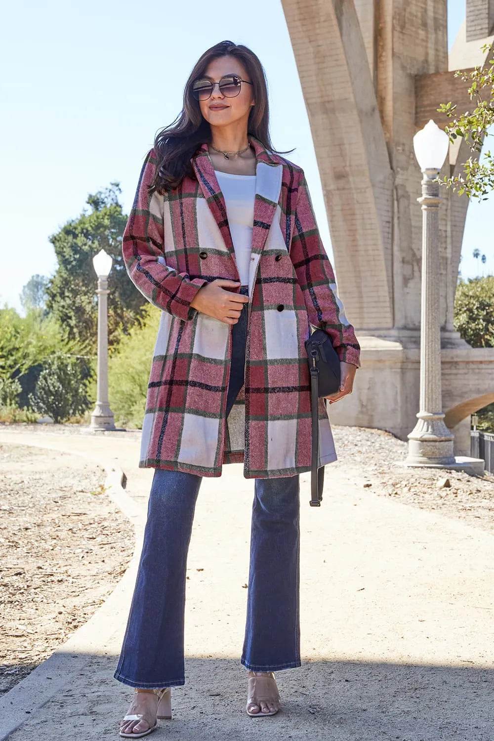 Double Take Full Size Plaid Button Up Lapel Collar Coat - IntuitiveEncBoutique