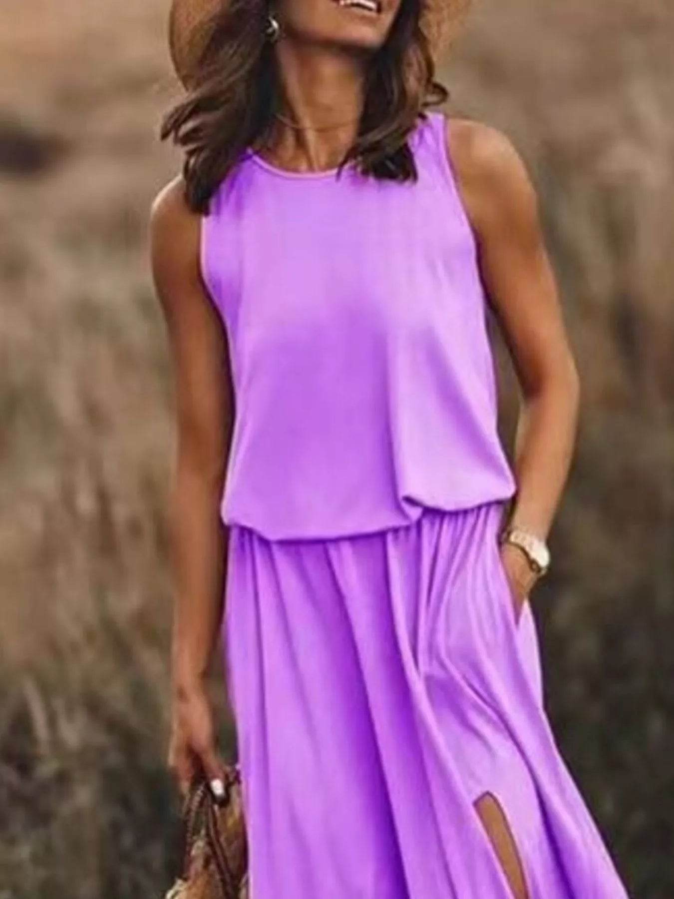 Full Size Round Neck Sleeveless Slit Maxi Dress Plus Size - IntuitiveEncBoutique